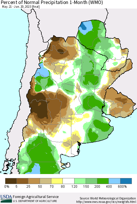 Southern South America Percent of Normal Precipitation 1-Month (WMO) Thematic Map For 5/21/2023 - 6/20/2023