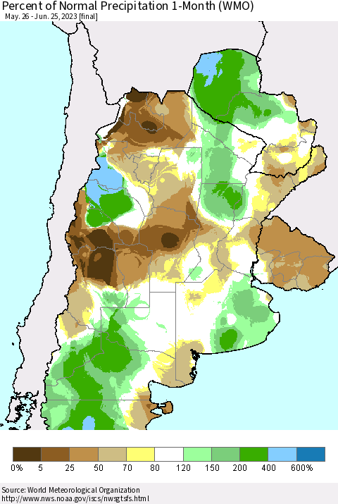 Southern South America Percent of Normal Precipitation 1-Month (WMO) Thematic Map For 5/26/2023 - 6/25/2023
