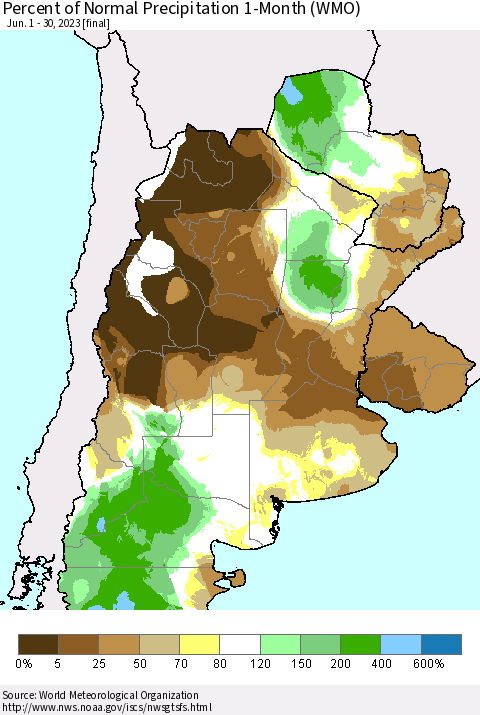 Southern South America Percent of Normal Precipitation 1-Month (WMO) Thematic Map For 6/1/2023 - 6/30/2023