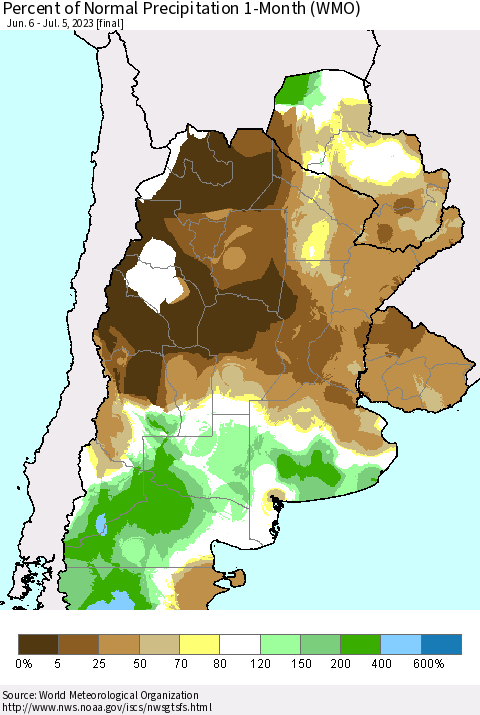 Southern South America Percent of Normal Precipitation 1-Month (WMO) Thematic Map For 6/6/2023 - 7/5/2023