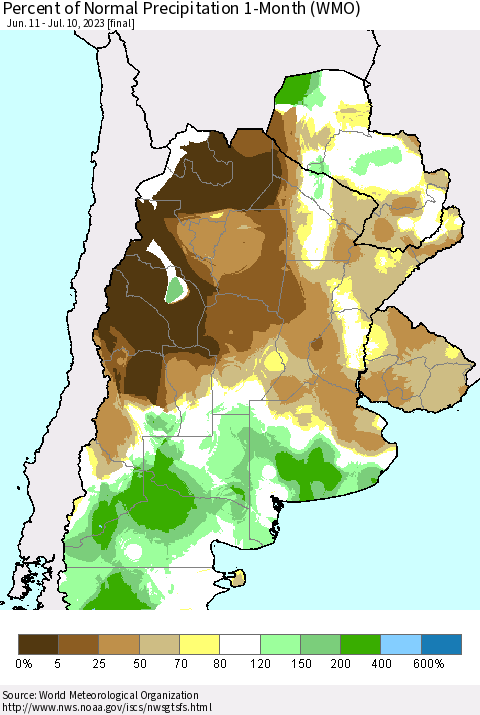 Southern South America Percent of Normal Precipitation 1-Month (WMO) Thematic Map For 6/11/2023 - 7/10/2023