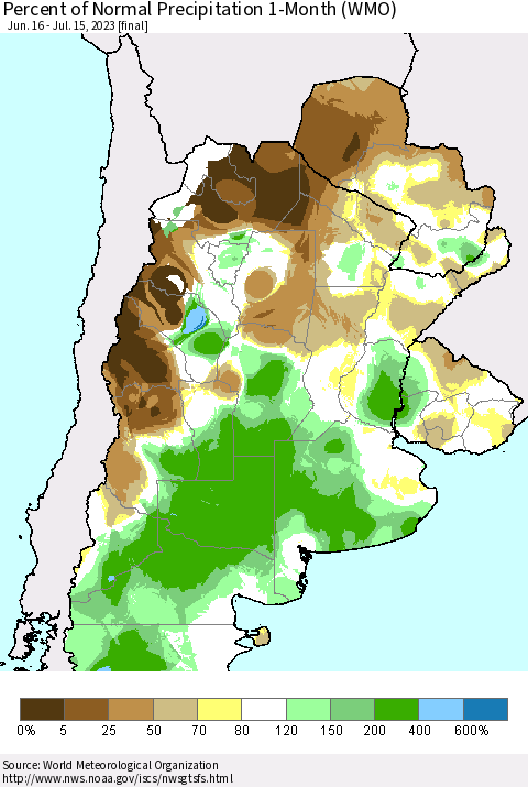Southern South America Percent of Normal Precipitation 1-Month (WMO) Thematic Map For 6/16/2023 - 7/15/2023