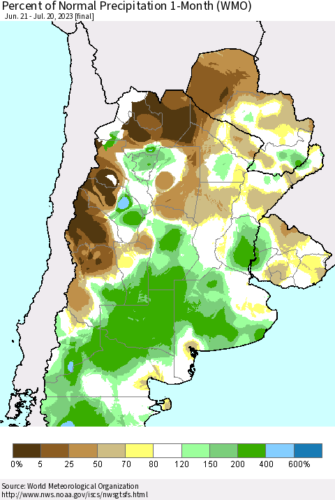 Southern South America Percent of Normal Precipitation 1-Month (WMO) Thematic Map For 6/21/2023 - 7/20/2023