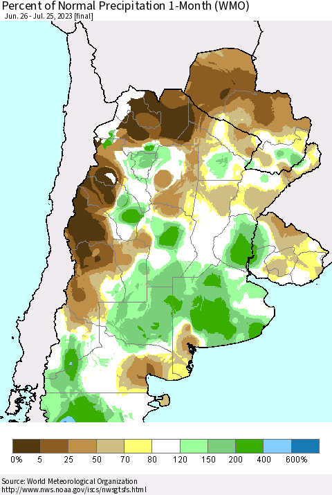 Southern South America Percent of Normal Precipitation 1-Month (WMO) Thematic Map For 6/26/2023 - 7/25/2023