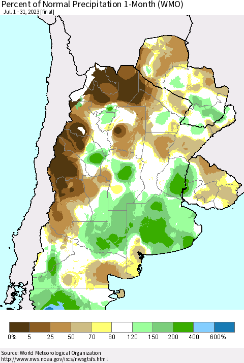 Southern South America Percent of Normal Precipitation 1-Month (WMO) Thematic Map For 7/1/2023 - 7/31/2023