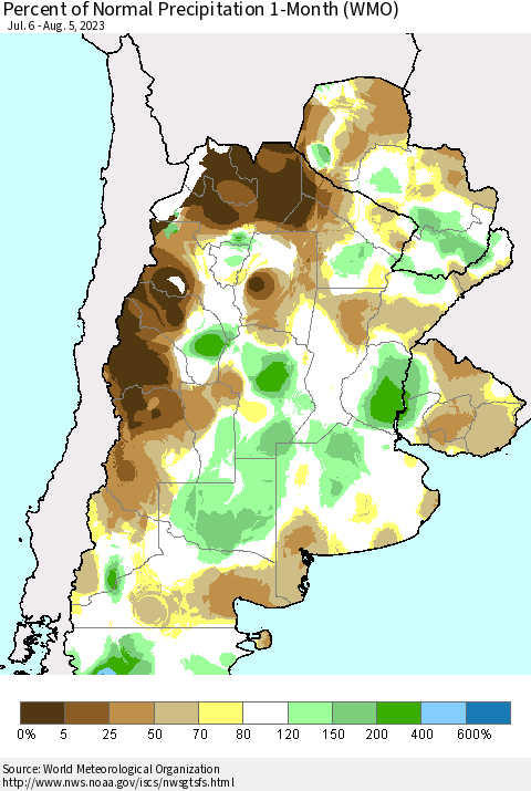 Southern South America Percent of Normal Precipitation 1-Month (WMO) Thematic Map For 7/6/2023 - 8/5/2023