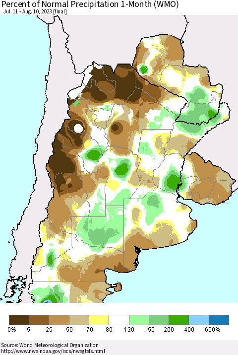 Southern South America Percent of Normal Precipitation 1-Month (WMO) Thematic Map For 7/11/2023 - 8/10/2023