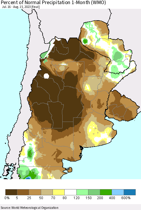 Southern South America Percent of Normal Precipitation 1-Month (WMO) Thematic Map For 7/16/2023 - 8/15/2023