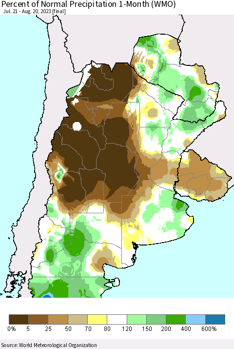 Southern South America Percent of Normal Precipitation 1-Month (WMO) Thematic Map For 7/21/2023 - 8/20/2023