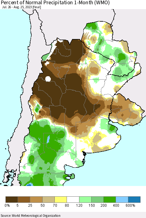 Southern South America Percent of Normal Precipitation 1-Month (WMO) Thematic Map For 7/26/2023 - 8/25/2023