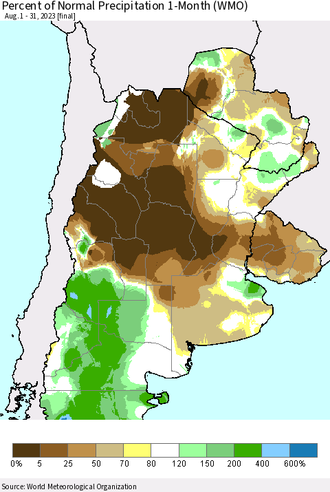 Southern South America Percent of Normal Precipitation 1-Month (WMO) Thematic Map For 8/1/2023 - 8/31/2023