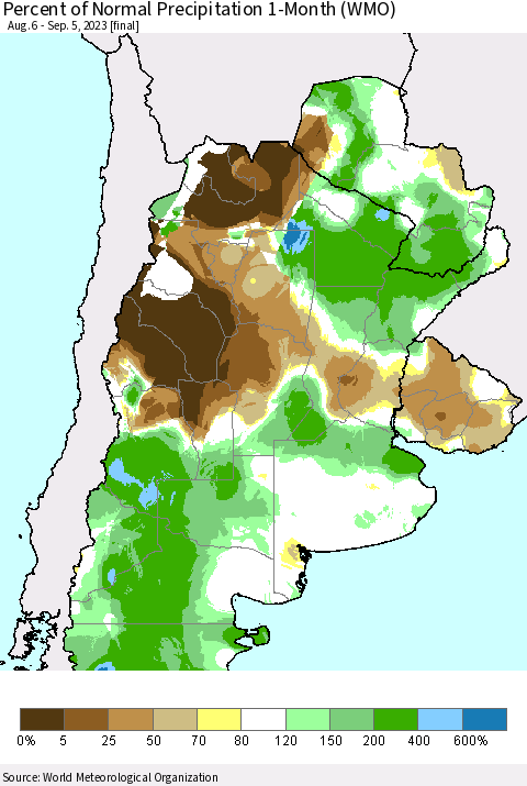 Southern South America Percent of Normal Precipitation 1-Month (WMO) Thematic Map For 8/6/2023 - 9/5/2023