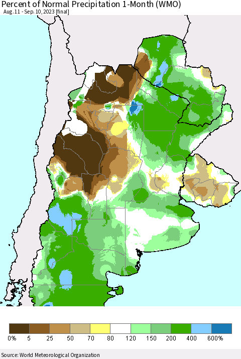 Southern South America Percent of Normal Precipitation 1-Month (WMO) Thematic Map For 8/11/2023 - 9/10/2023
