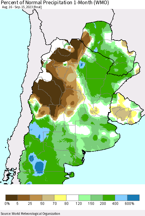 Southern South America Percent of Normal Precipitation 1-Month (WMO) Thematic Map For 8/16/2023 - 9/15/2023