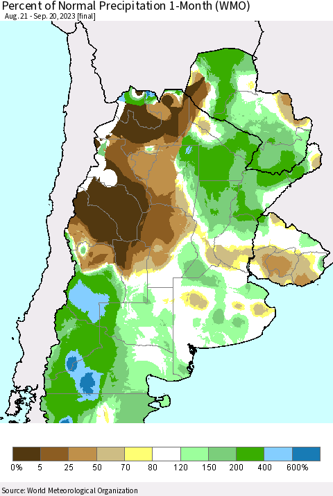 Southern South America Percent of Normal Precipitation 1-Month (WMO) Thematic Map For 8/21/2023 - 9/20/2023