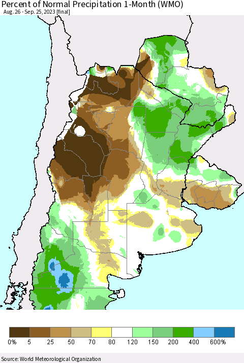 Southern South America Percent of Normal Precipitation 1-Month (WMO) Thematic Map For 8/26/2023 - 9/25/2023