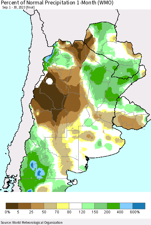 Southern South America Percent of Normal Precipitation 1-Month (WMO) Thematic Map For 9/1/2023 - 9/30/2023