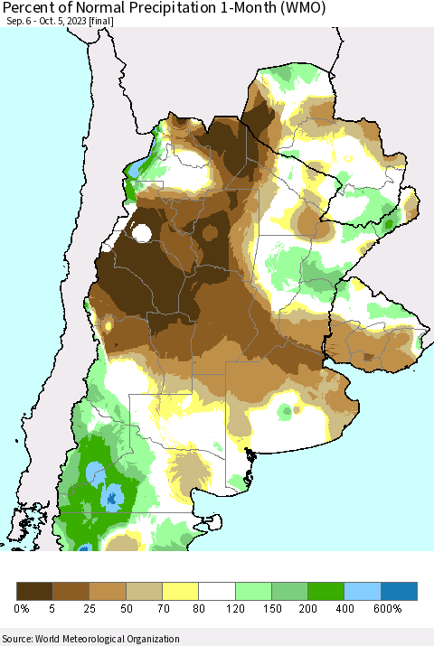 Southern South America Percent of Normal Precipitation 1-Month (WMO) Thematic Map For 9/6/2023 - 10/5/2023