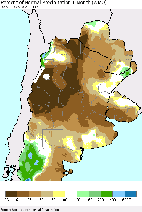 Southern South America Percent of Normal Precipitation 1-Month (WMO) Thematic Map For 9/11/2023 - 10/10/2023