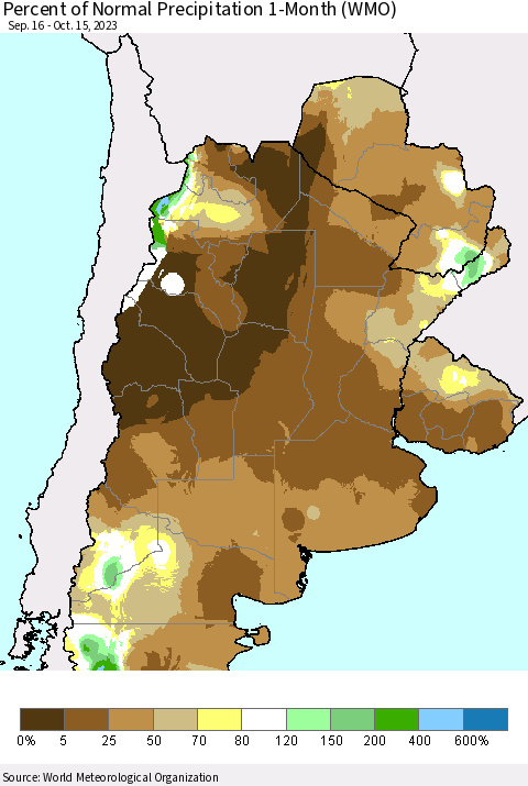 Southern South America Percent of Normal Precipitation 1-Month (WMO) Thematic Map For 9/16/2023 - 10/15/2023