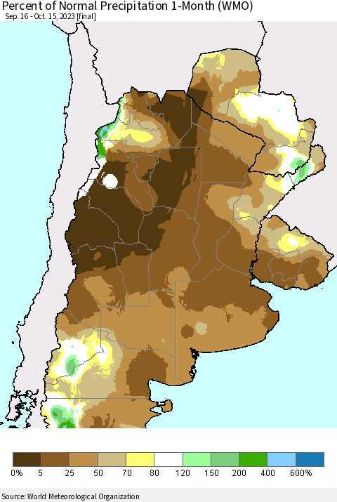 Southern South America Percent of Normal Precipitation 1-Month (WMO) Thematic Map For 9/16/2023 - 10/15/2023