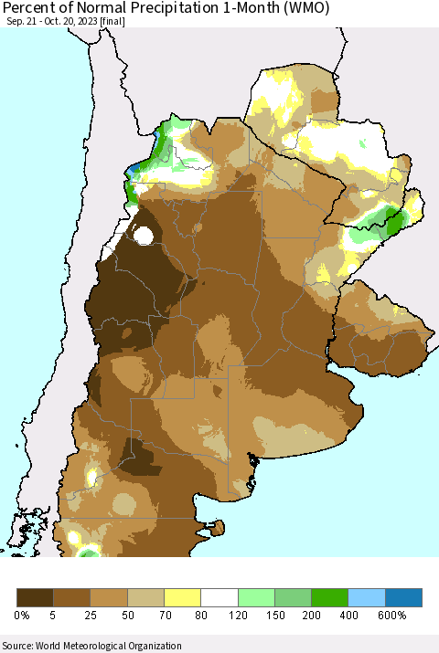 Southern South America Percent of Normal Precipitation 1-Month (WMO) Thematic Map For 9/21/2023 - 10/20/2023