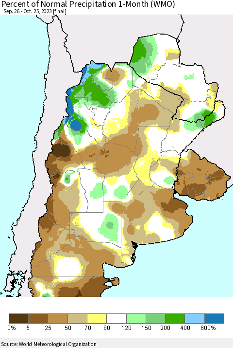 Southern South America Percent of Normal Precipitation 1-Month (WMO) Thematic Map For 9/26/2023 - 10/25/2023