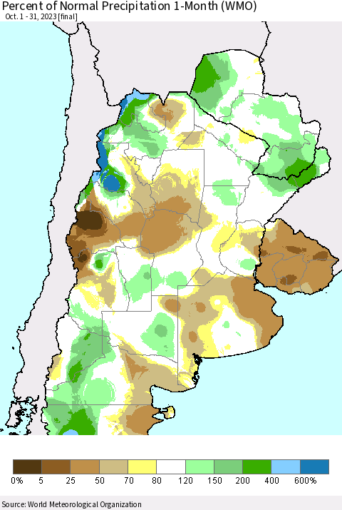 Southern South America Percent of Normal Precipitation 1-Month (WMO) Thematic Map For 10/1/2023 - 10/31/2023