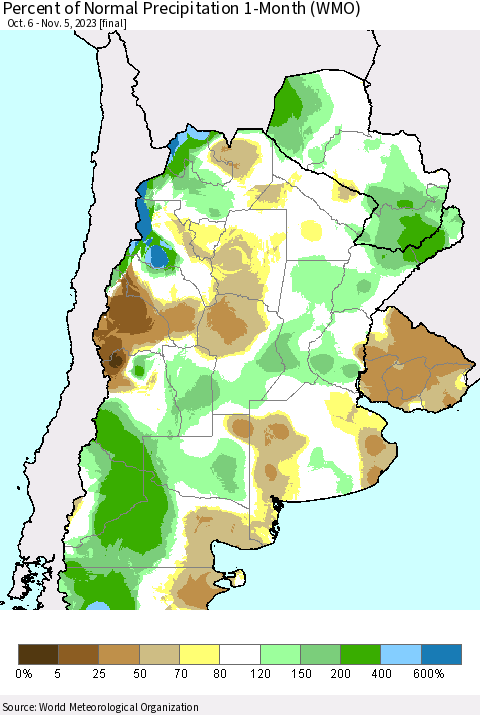 Southern South America Percent of Normal Precipitation 1-Month (WMO) Thematic Map For 10/6/2023 - 11/5/2023