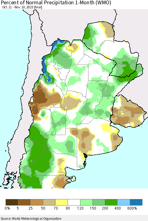 Southern South America Percent of Normal Precipitation 1-Month (WMO) Thematic Map For 10/11/2023 - 11/10/2023