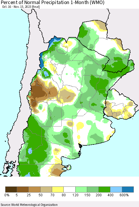 Southern South America Percent of Normal Precipitation 1-Month (WMO) Thematic Map For 10/16/2023 - 11/15/2023