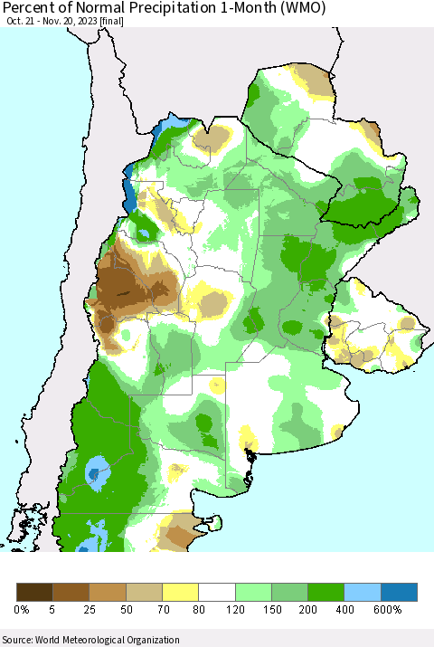 Southern South America Percent of Normal Precipitation 1-Month (WMO) Thematic Map For 10/21/2023 - 11/20/2023