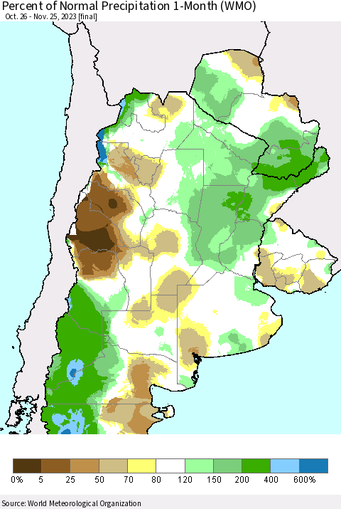 Southern South America Percent of Normal Precipitation 1-Month (WMO) Thematic Map For 10/26/2023 - 11/25/2023