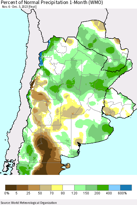 Southern South America Percent of Normal Precipitation 1-Month (WMO) Thematic Map For 11/6/2023 - 12/5/2023