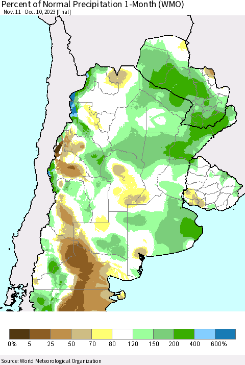 Southern South America Percent of Normal Precipitation 1-Month (WMO) Thematic Map For 11/11/2023 - 12/10/2023