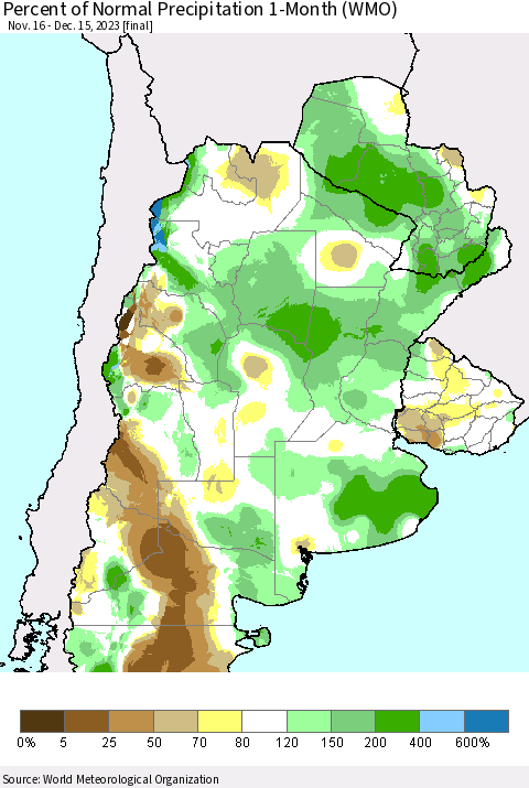 Southern South America Percent of Normal Precipitation 1-Month (WMO) Thematic Map For 11/16/2023 - 12/15/2023