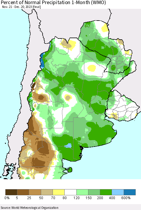 Southern South America Percent of Normal Precipitation 1-Month (WMO) Thematic Map For 11/21/2023 - 12/20/2023