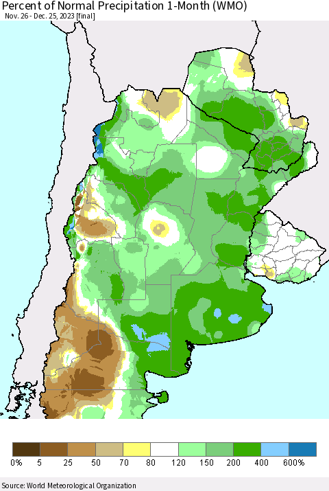 Southern South America Percent of Normal Precipitation 1-Month (WMO) Thematic Map For 11/26/2023 - 12/25/2023