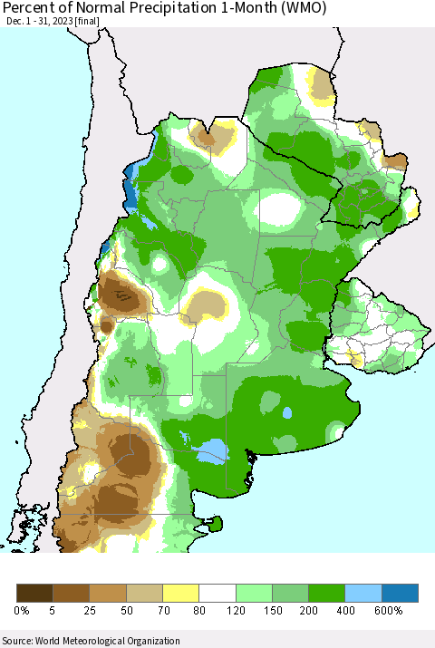 Southern South America Percent of Normal Precipitation 1-Month (WMO) Thematic Map For 12/1/2023 - 12/31/2023