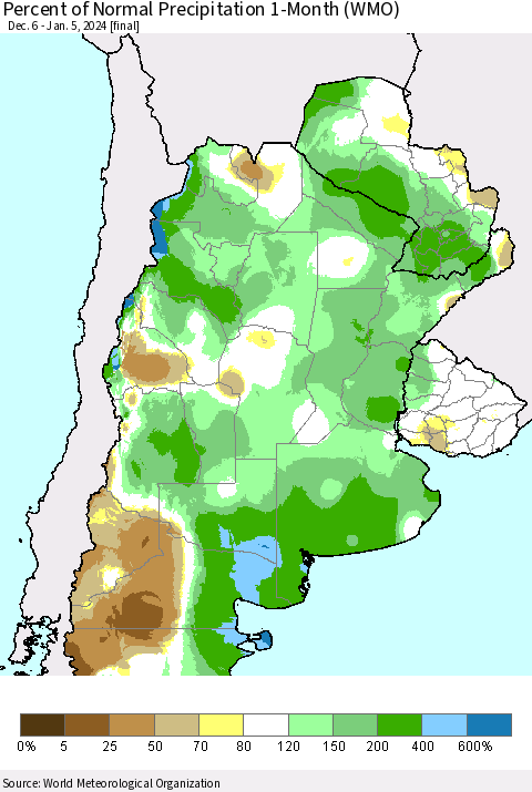 Southern South America Percent of Normal Precipitation 1-Month (WMO) Thematic Map For 12/6/2023 - 1/5/2024