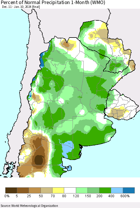 Southern South America Percent of Normal Precipitation 1-Month (WMO) Thematic Map For 12/11/2023 - 1/10/2024