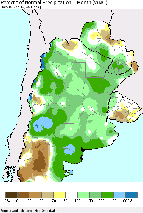 Southern South America Percent of Normal Precipitation 1-Month (WMO) Thematic Map For 12/16/2023 - 1/15/2024