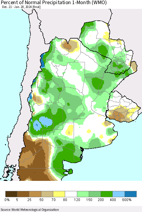 Southern South America Percent of Normal Precipitation 1-Month (WMO) Thematic Map For 12/21/2023 - 1/20/2024
