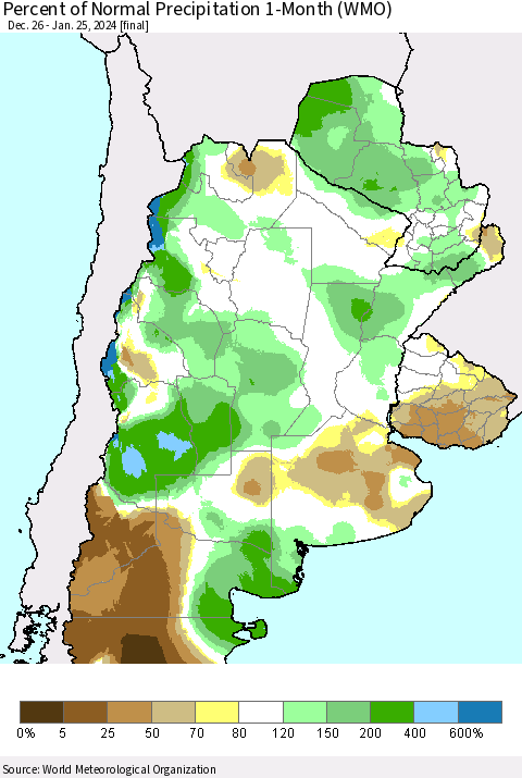 Southern South America Percent of Normal Precipitation 1-Month (WMO) Thematic Map For 12/26/2023 - 1/25/2024