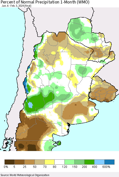 Southern South America Percent of Normal Precipitation 1-Month (WMO) Thematic Map For 1/6/2024 - 2/5/2024