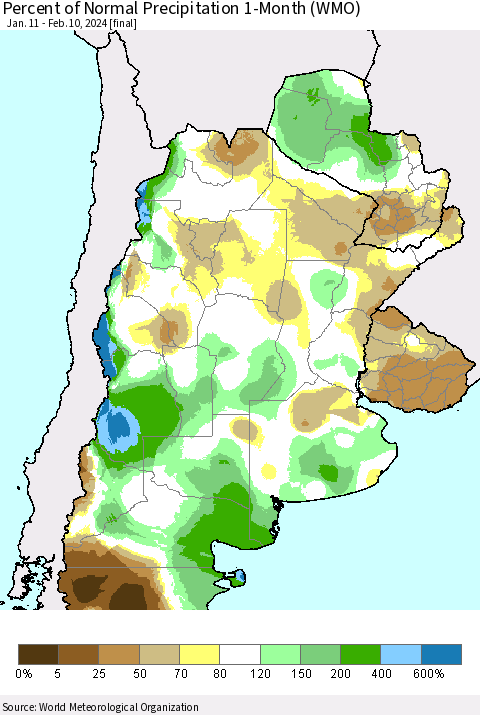 Southern South America Percent of Normal Precipitation 1-Month (WMO) Thematic Map For 1/11/2024 - 2/10/2024