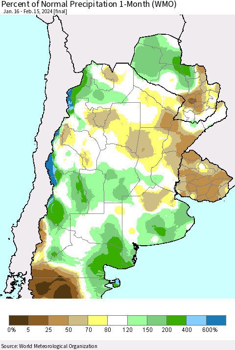 Southern South America Percent of Normal Precipitation 1-Month (WMO) Thematic Map For 1/16/2024 - 2/15/2024