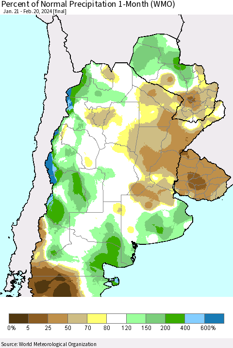 Southern South America Percent of Normal Precipitation 1-Month (WMO) Thematic Map For 1/21/2024 - 2/20/2024