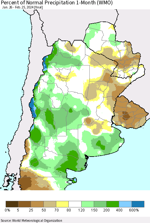 Southern South America Percent of Normal Precipitation 1-Month (WMO) Thematic Map For 1/26/2024 - 2/25/2024