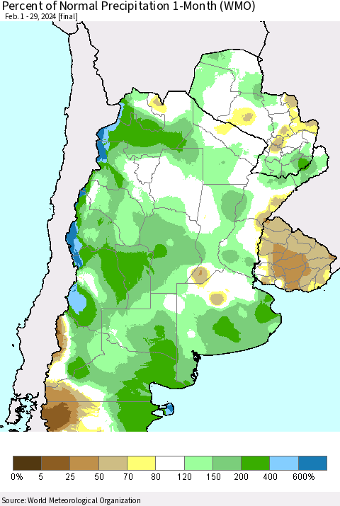 Southern South America Percent of Normal Precipitation 1-Month (WMO) Thematic Map For 2/1/2024 - 2/29/2024